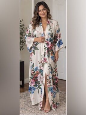 L Magnin white robe with floral Print Kaftan Size  o/s  (A03)